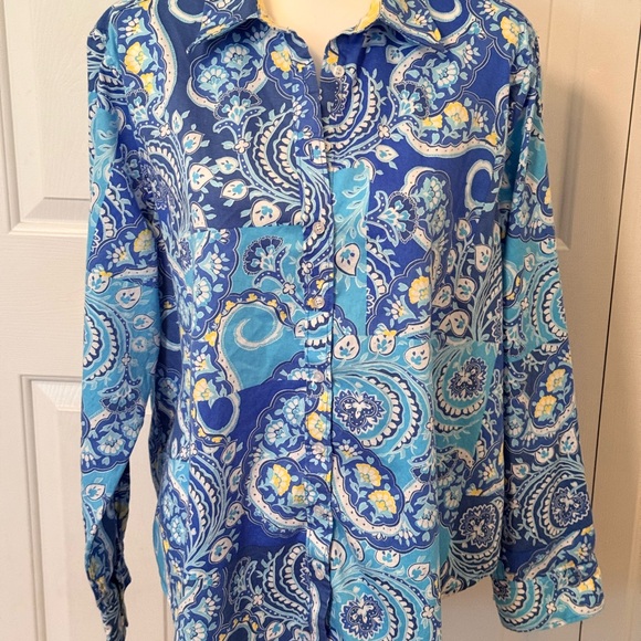 Ruby Rd. Blue and Turquoise Paisley Button-Down Shirt - Picture 1 of 12